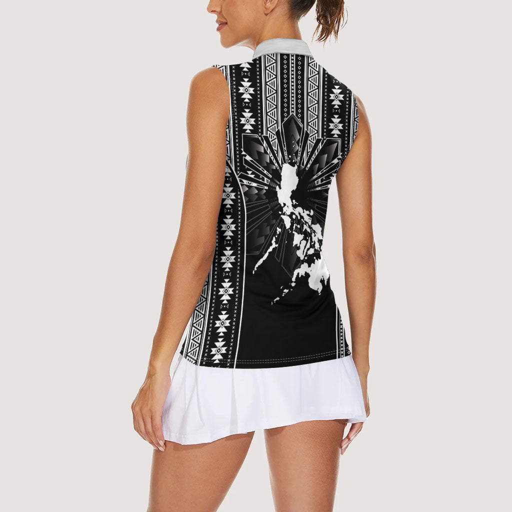 Mabuhay Philippines Festival Women Sleeveless Polo Shirt Filipino Map Black White Igorot Pattern