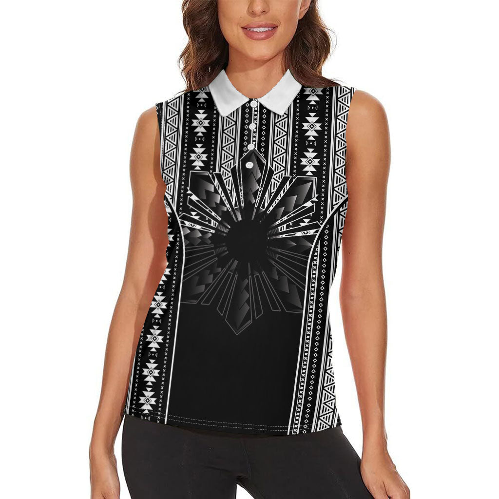 Mabuhay Philippines Festival Women Sleeveless Polo Shirt Filipino Map Black White Igorot Pattern