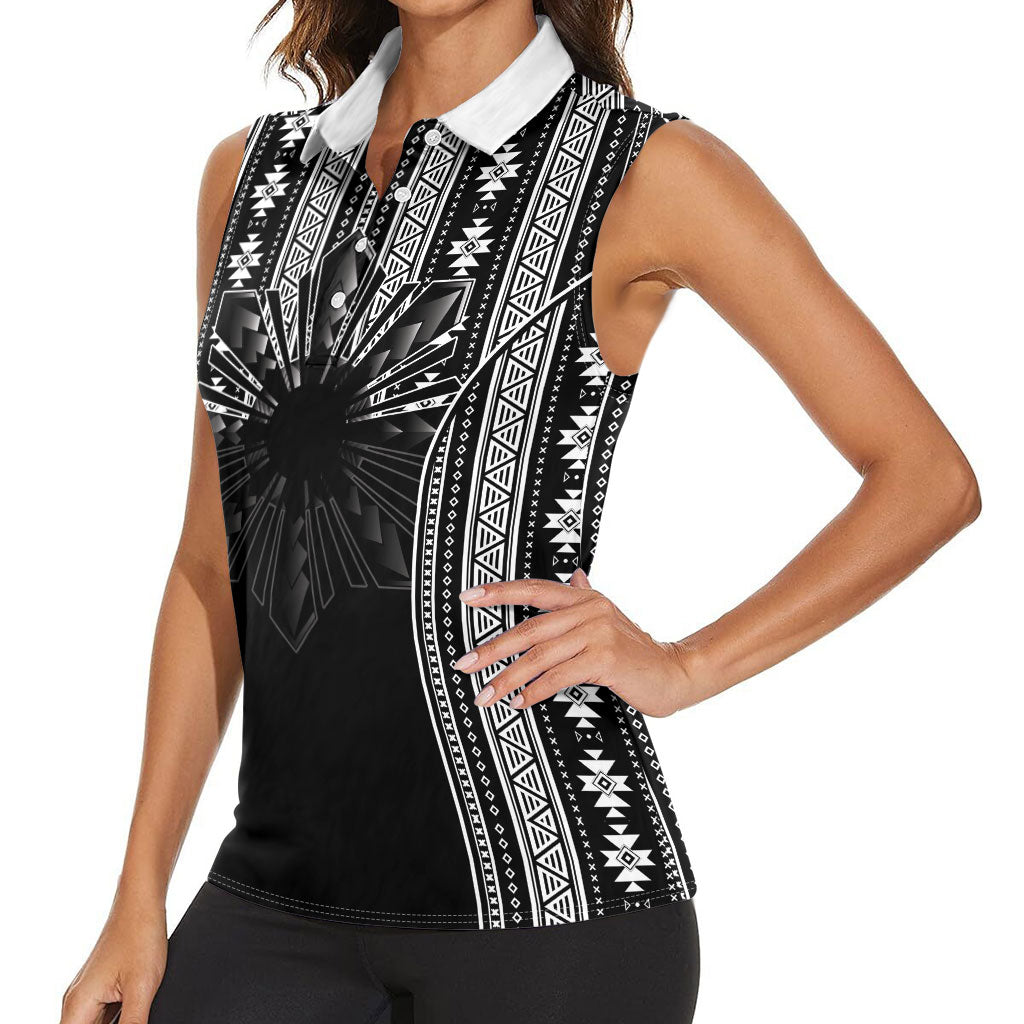 Mabuhay Philippines Festival Women Sleeveless Polo Shirt Filipino Map Black White Igorot Pattern