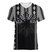Mabuhay Philippines Festival Women V-Neck T-Shirt Filipino Map Black White Igorot Pattern