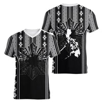 Mabuhay Philippines Festival Women V-Neck T-Shirt Filipino Map Black White Igorot Pattern