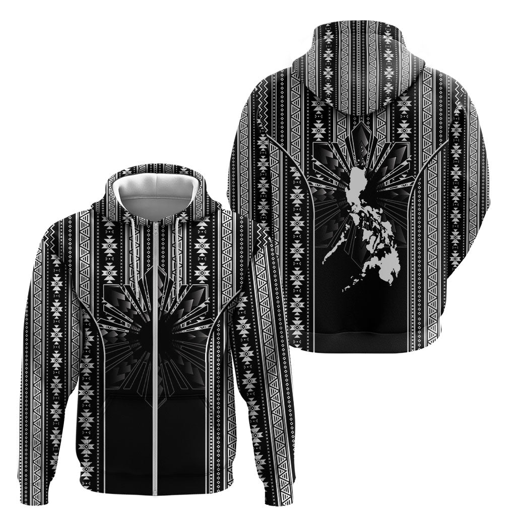 Mabuhay Philippines Festival Zip Hoodie Filipino Map Black White Igorot Pattern