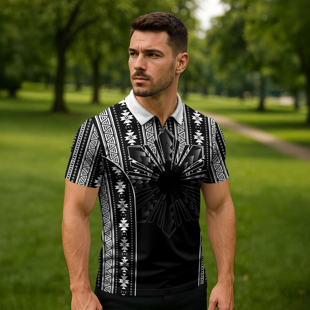 Mabuhay Philippines Festival Zipper Polo Shirt Filipino Map Black White Igorot Pattern