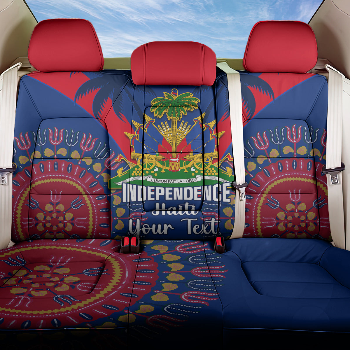 Personalised Haiti Independence Day Back Car Seat Cover Ayiti 220th Anniversary With Dashiki Pattern - Wonder Print Shop