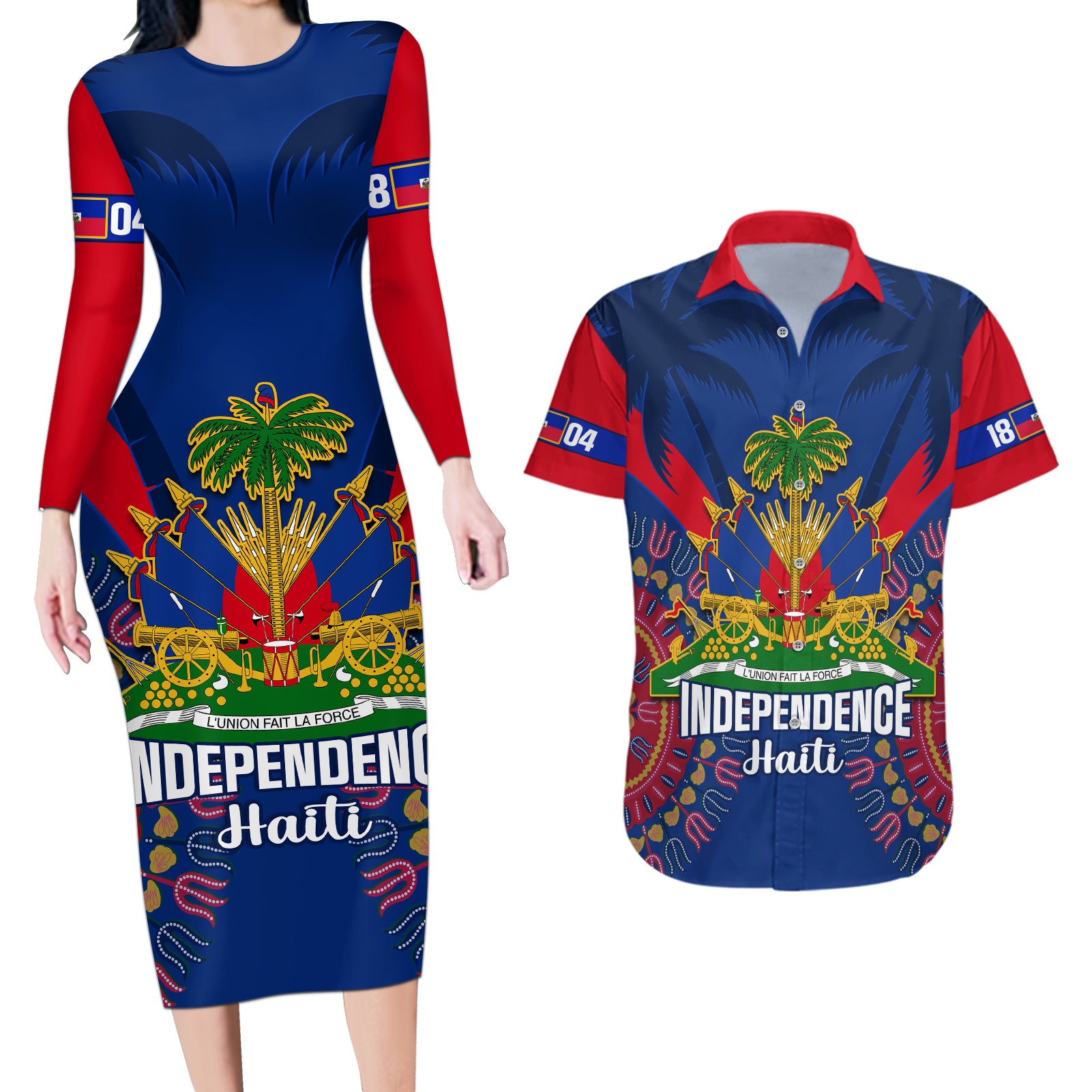 personalised-haiti-independence-day-couples-matching-long-sleeve-bodycon-dress-and-hawaiian-shirt-ayiti-220th-anniversary-with-dashiki-pattern