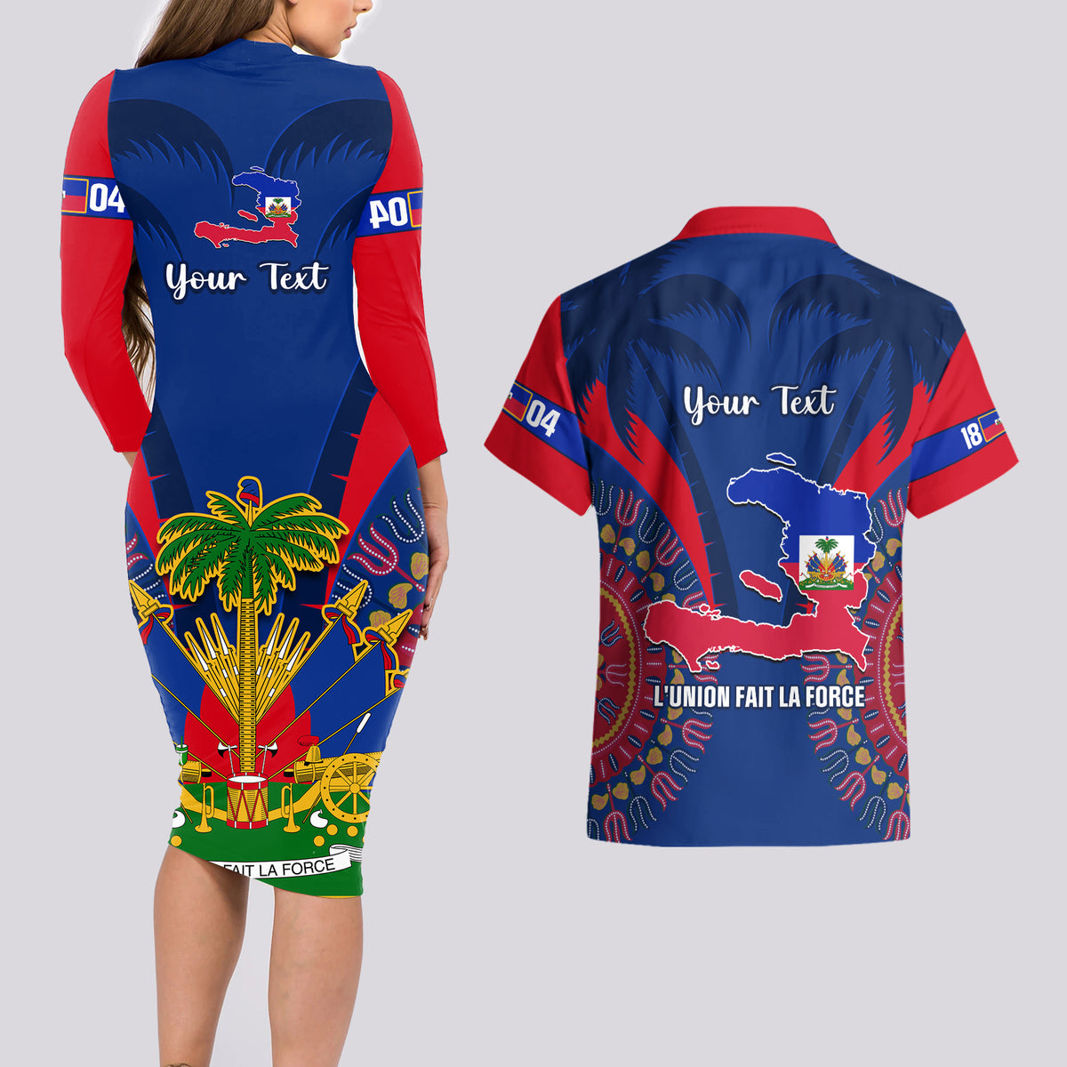 Personalised Haiti Independence Day Couples Matching Long Sleeve Bodycon Dress and Hawaiian Shirt Ayiti 220th Anniversary With Dashiki Pattern - Wonder Print Shop