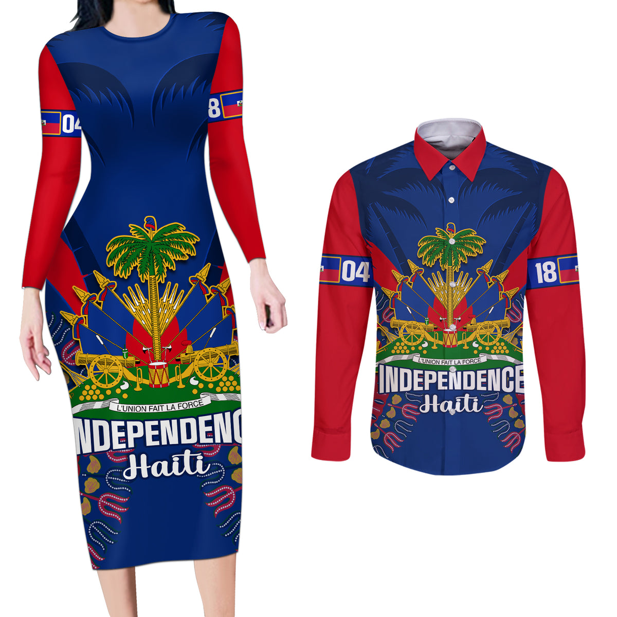 Personalised Haiti Independence Day Couples Matching Long Sleeve Bodycon Dress and Long Sleeve Button Shirt Ayiti 220th Anniversary With Dashiki Pattern - Wonder Print Shop