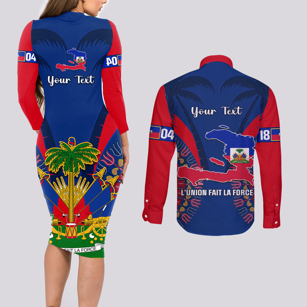 Personalised Haiti Independence Day Couples Matching Long Sleeve Bodycon Dress and Long Sleeve Button Shirt Ayiti 220th Anniversary With Dashiki Pattern - Wonder Print Shop