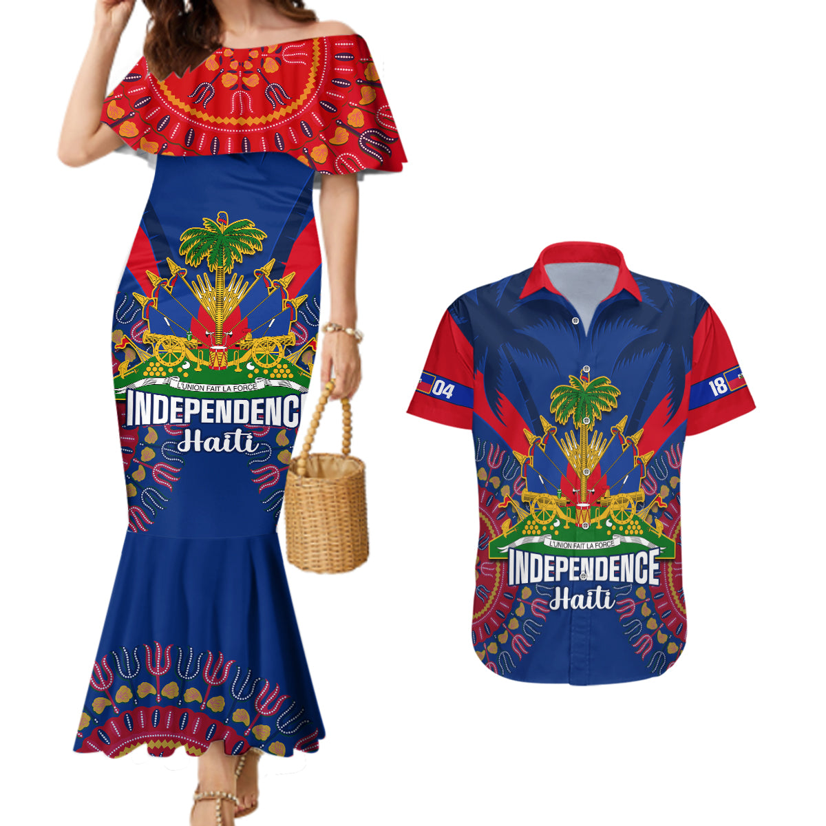 personalised-haiti-independence-day-couples-matching-mermaid-dress-and-hawaiian-shirt-ayiti-220th-anniversary-with-dashiki-pattern