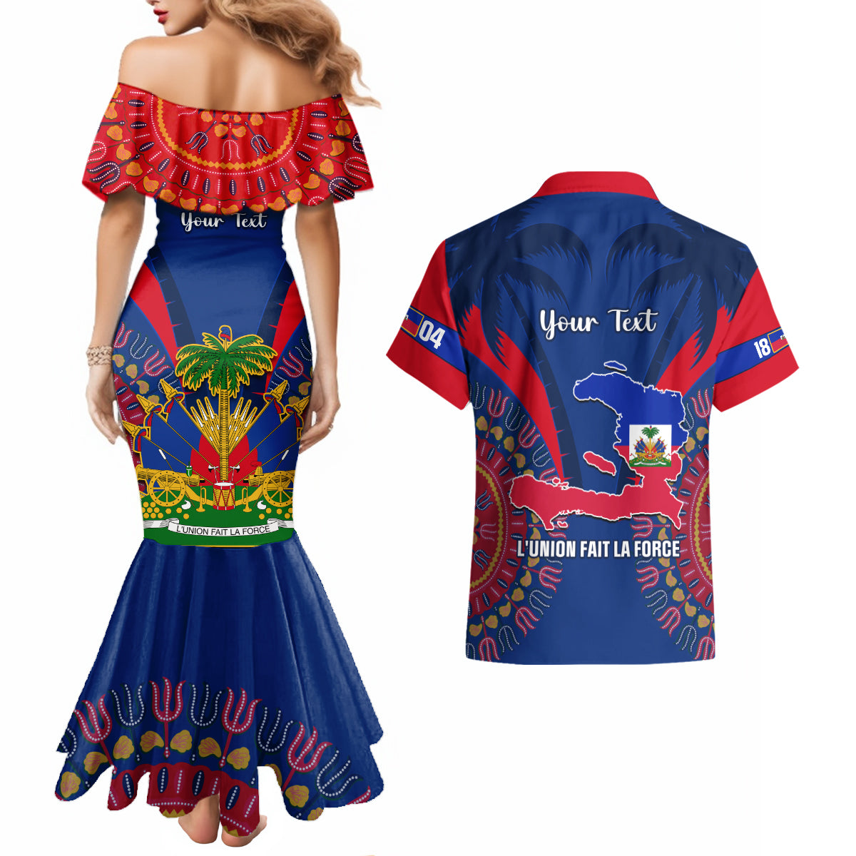 Personalised Haiti Independence Day Couples Matching Mermaid Dress and Hawaiian Shirt Ayiti 220th Anniversary With Dashiki Pattern - Wonder Print Shop