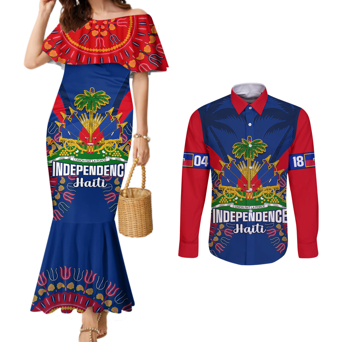 personalised-haiti-independence-day-couples-matching-mermaid-dress-and-long-sleeve-button-shirt-ayiti-220th-anniversary-with-dashiki-pattern