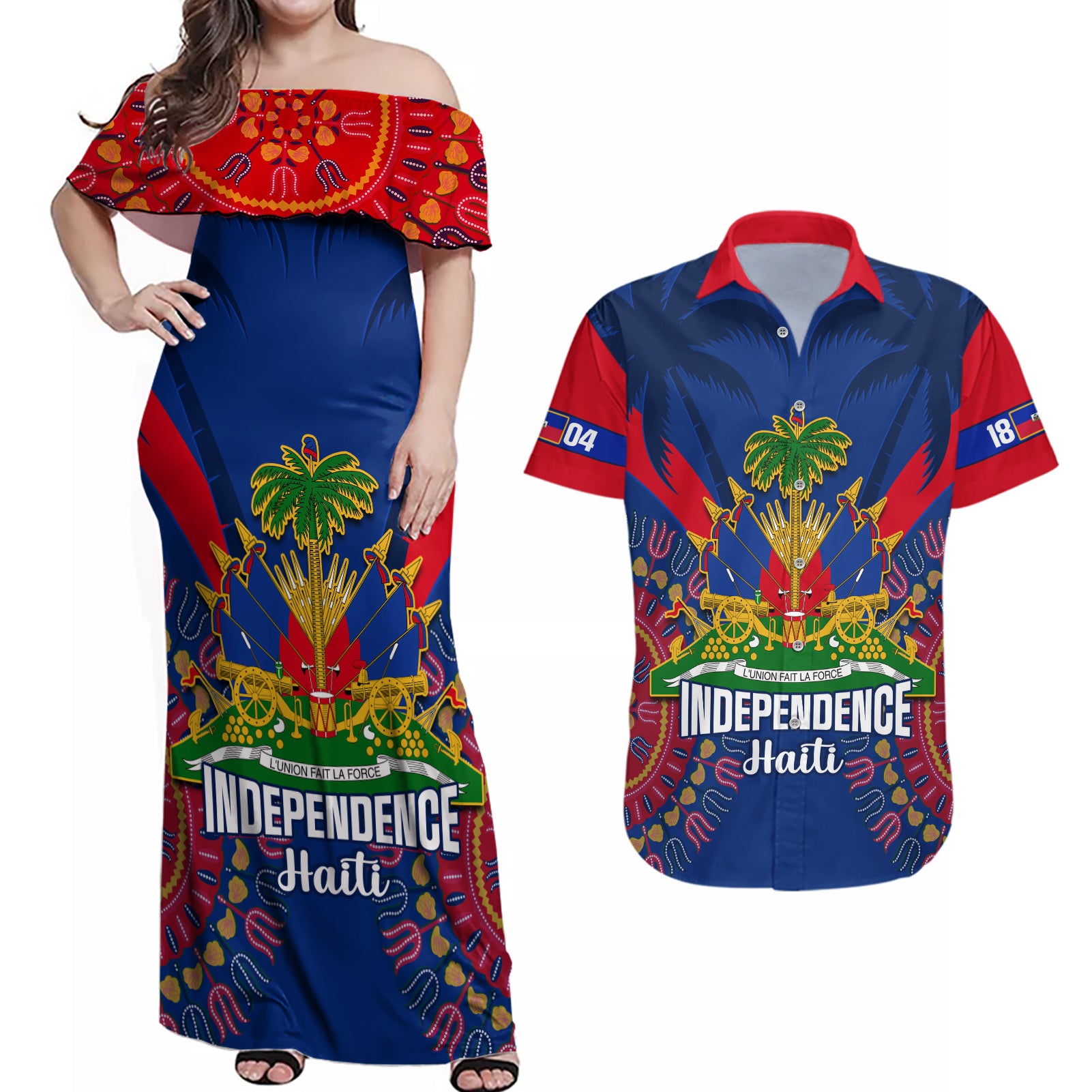 personalised-haiti-independence-day-couples-matching-off-shoulder-maxi-dress-and-hawaiian-shirt-ayiti-220th-anniversary-with-dashiki-pattern