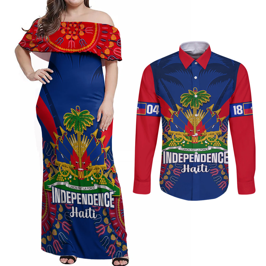 Personalised Haiti Independence Day Couples Matching Off Shoulder Maxi Dress and Long Sleeve Button Shirt Ayiti 220th Anniversary With Dashiki Pattern - Wonder Print Shop