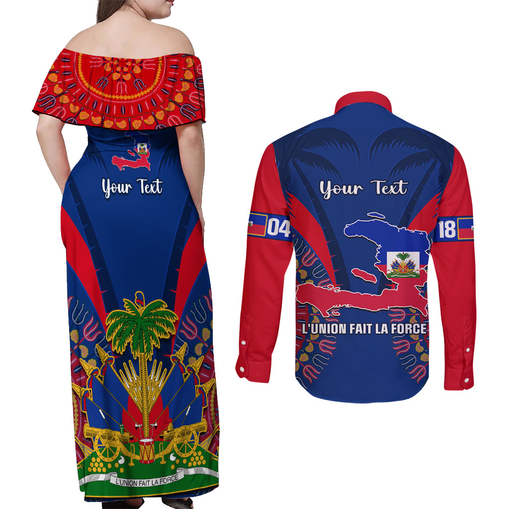 Personalised Haiti Independence Day Couples Matching Off Shoulder Maxi Dress and Long Sleeve Button Shirt Ayiti 220th Anniversary With Dashiki Pattern - Wonder Print Shop