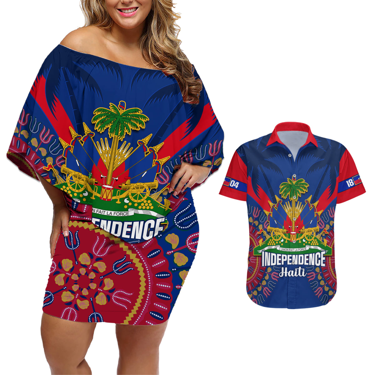 Personalised Haiti Independence Day Couples Matching Off Shoulder Short Dress and Hawaiian Shirt Ayiti 220th Anniversary With Dashiki Pattern - Wonder Print Shop