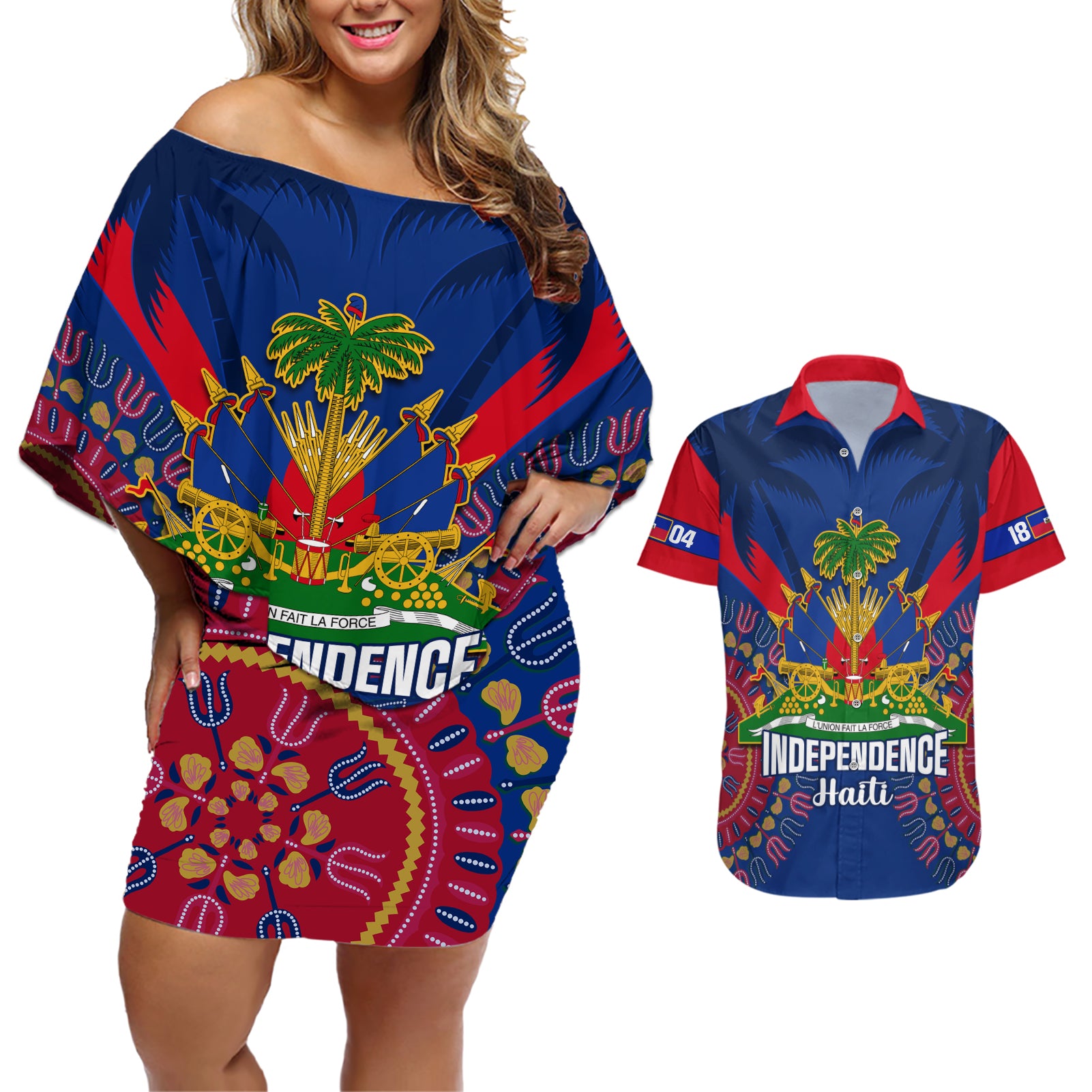 personalised-haiti-independence-day-couples-matching-off-shoulder-short-dress-and-hawaiian-shirt-ayiti-220th-anniversary-with-dashiki-pattern