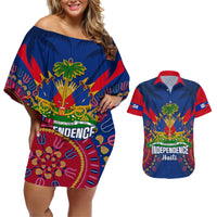 Personalised Haiti Independence Day Couples Matching Off Shoulder Short Dress and Hawaiian Shirt Ayiti 220th Anniversary With Dashiki Pattern - Wonder Print Shop