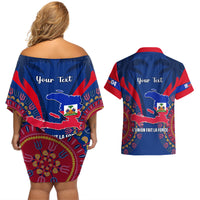 Personalised Haiti Independence Day Couples Matching Off Shoulder Short Dress and Hawaiian Shirt Ayiti 220th Anniversary With Dashiki Pattern - Wonder Print Shop