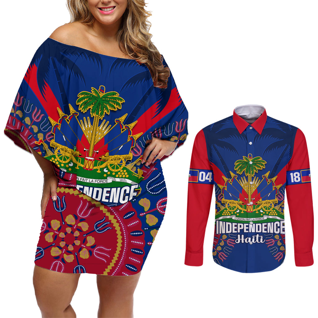 Personalised Haiti Independence Day Couples Matching Off Shoulder Short Dress and Long Sleeve Button Shirt Ayiti 220th Anniversary With Dashiki Pattern - Wonder Print Shop