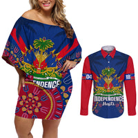 Personalised Haiti Independence Day Couples Matching Off Shoulder Short Dress and Long Sleeve Button Shirt Ayiti 220th Anniversary With Dashiki Pattern - Wonder Print Shop