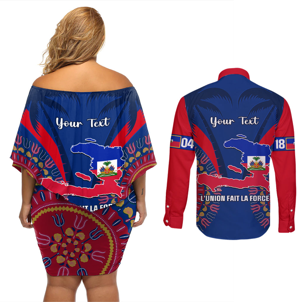 Personalised Haiti Independence Day Couples Matching Off Shoulder Short Dress and Long Sleeve Button Shirt Ayiti 220th Anniversary With Dashiki Pattern - Wonder Print Shop