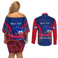 Personalised Haiti Independence Day Couples Matching Off Shoulder Short Dress and Long Sleeve Button Shirt Ayiti 220th Anniversary With Dashiki Pattern - Wonder Print Shop
