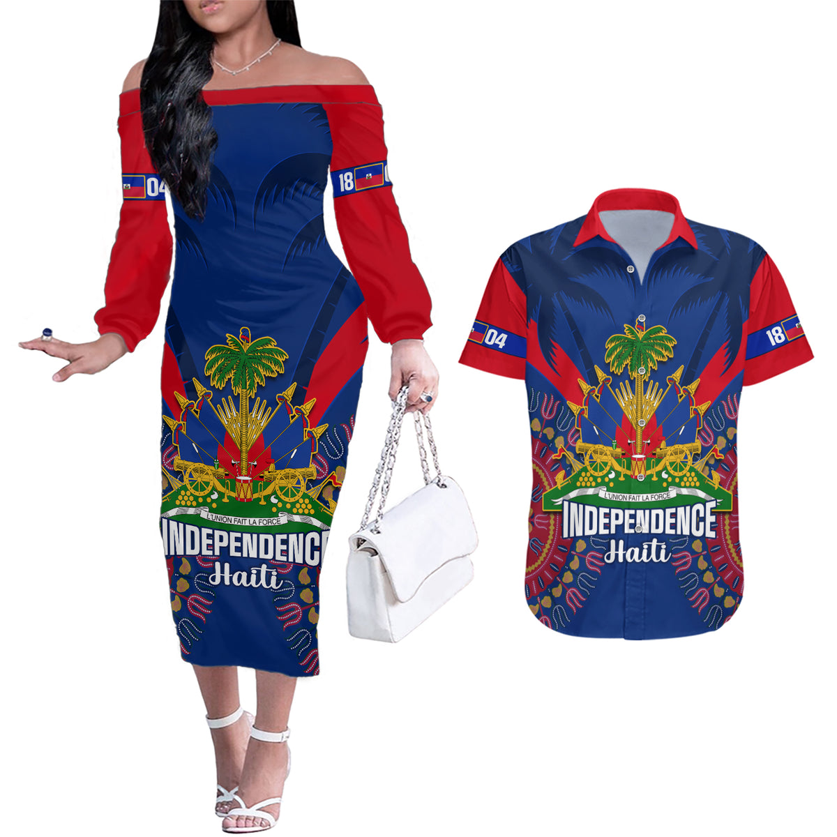 Personalised Haiti Independence Day Couples Matching Off The Shoulder Long Sleeve Dress and Hawaiian Shirt Ayiti 220th Anniversary With Dashiki Pattern - Wonder Print Shop