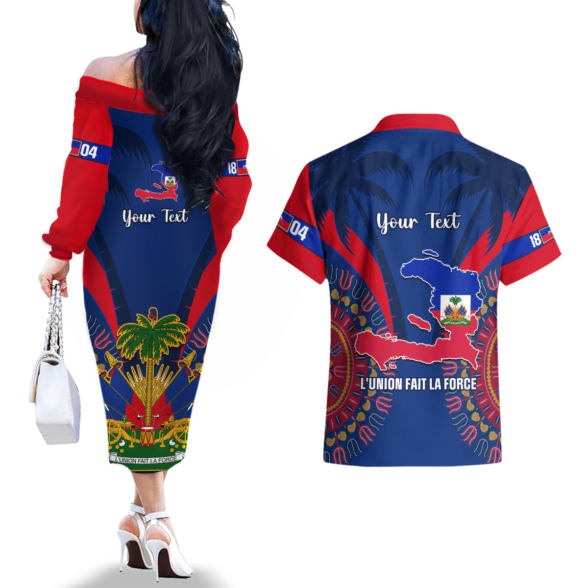 Personalised Haiti Independence Day Couples Matching Off The Shoulder Long Sleeve Dress and Hawaiian Shirt Ayiti 220th Anniversary With Dashiki Pattern - Wonder Print Shop