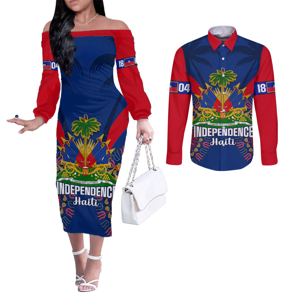 personalised-haiti-independence-day-couples-matching-off-the-shoulder-long-sleeve-dress-and-long-sleeve-button-shirt-ayiti-220th-anniversary-with-dashiki-pattern