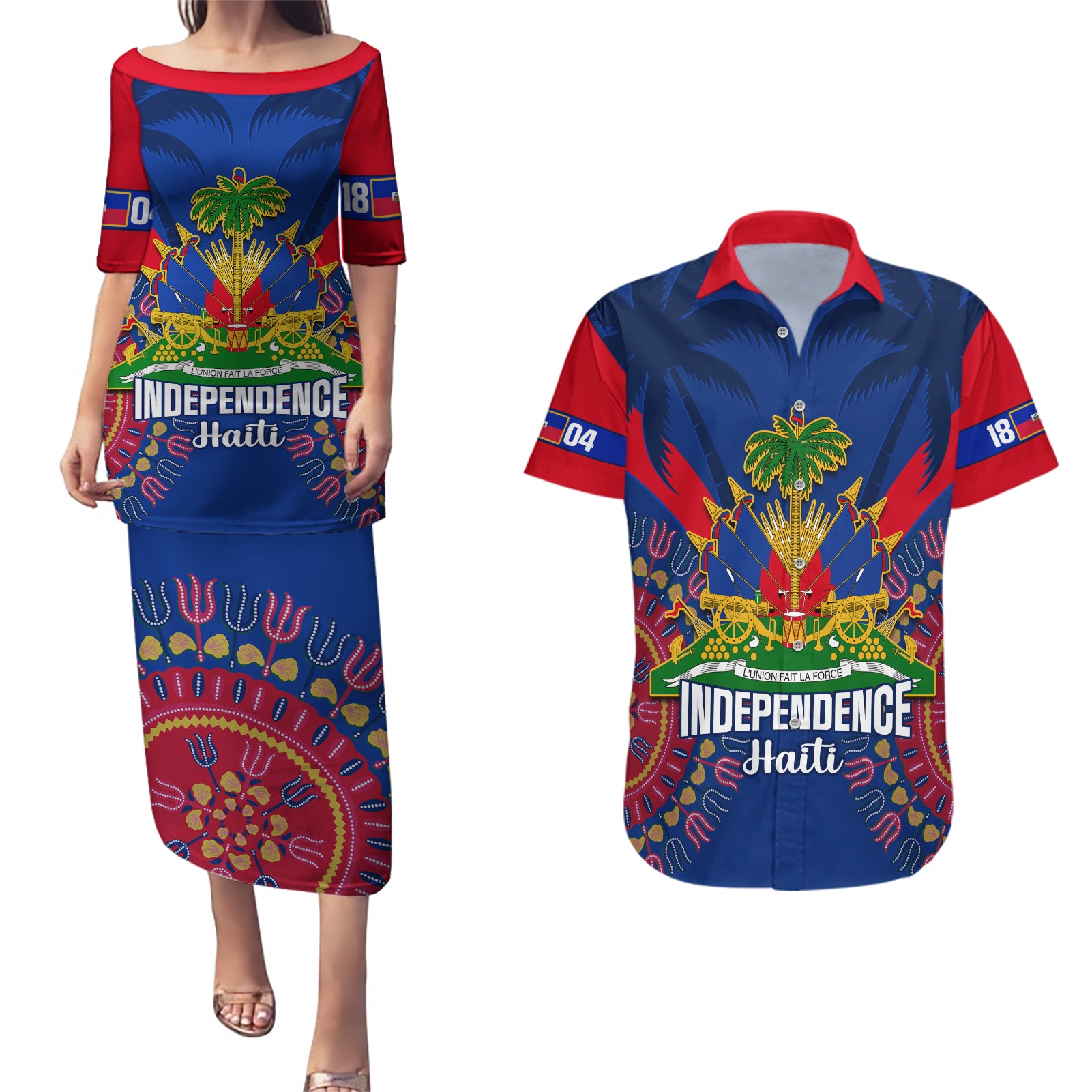 personalised-haiti-independence-day-couples-matching-puletasi-dress-and-hawaiian-shirt-ayiti-220th-anniversary-with-dashiki-pattern