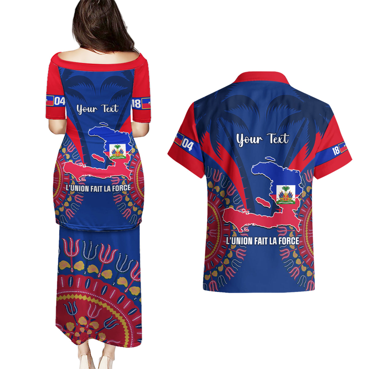Personalised Haiti Independence Day Couples Matching Puletasi Dress and Hawaiian Shirt Ayiti 220th Anniversary With Dashiki Pattern - Wonder Print Shop