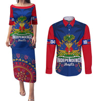 Personalised Haiti Independence Day Couples Matching Puletasi Dress and Long Sleeve Button Shirt Ayiti 220th Anniversary With Dashiki Pattern - Wonder Print Shop
