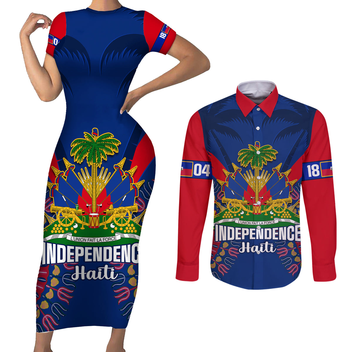 Personalised Haiti Independence Day Couples Matching Short Sleeve Bodycon Dress and Long Sleeve Button Shirt Ayiti 220th Anniversary With Dashiki Pattern - Wonder Print Shop