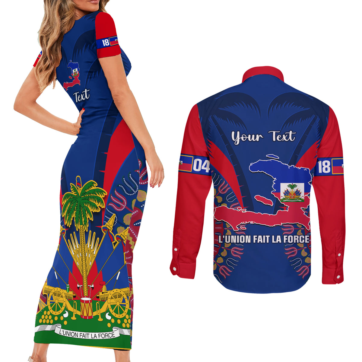 Personalised Haiti Independence Day Couples Matching Short Sleeve Bodycon Dress and Long Sleeve Button Shirt Ayiti 220th Anniversary With Dashiki Pattern - Wonder Print Shop