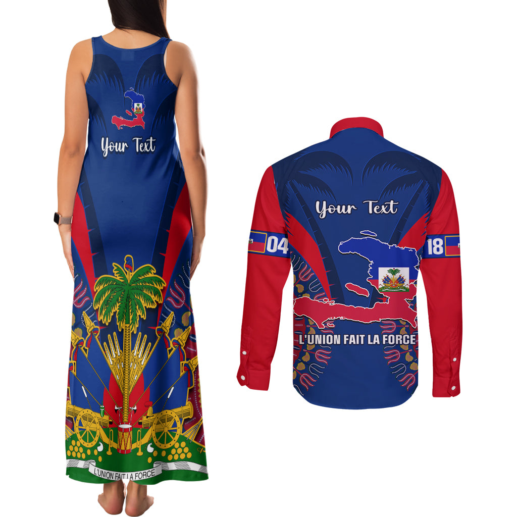Personalised Haiti Independence Day Couples Matching Tank Maxi Dress and Long Sleeve Button Shirt Ayiti 220th Anniversary With Dashiki Pattern - Wonder Print Shop