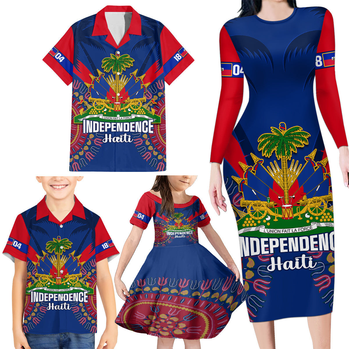 personalised-haiti-independence-day-family-matching-long-sleeve-bodycon-dress-and-hawaiian-shirt-ayiti-220th-anniversary-with-dashiki-pattern