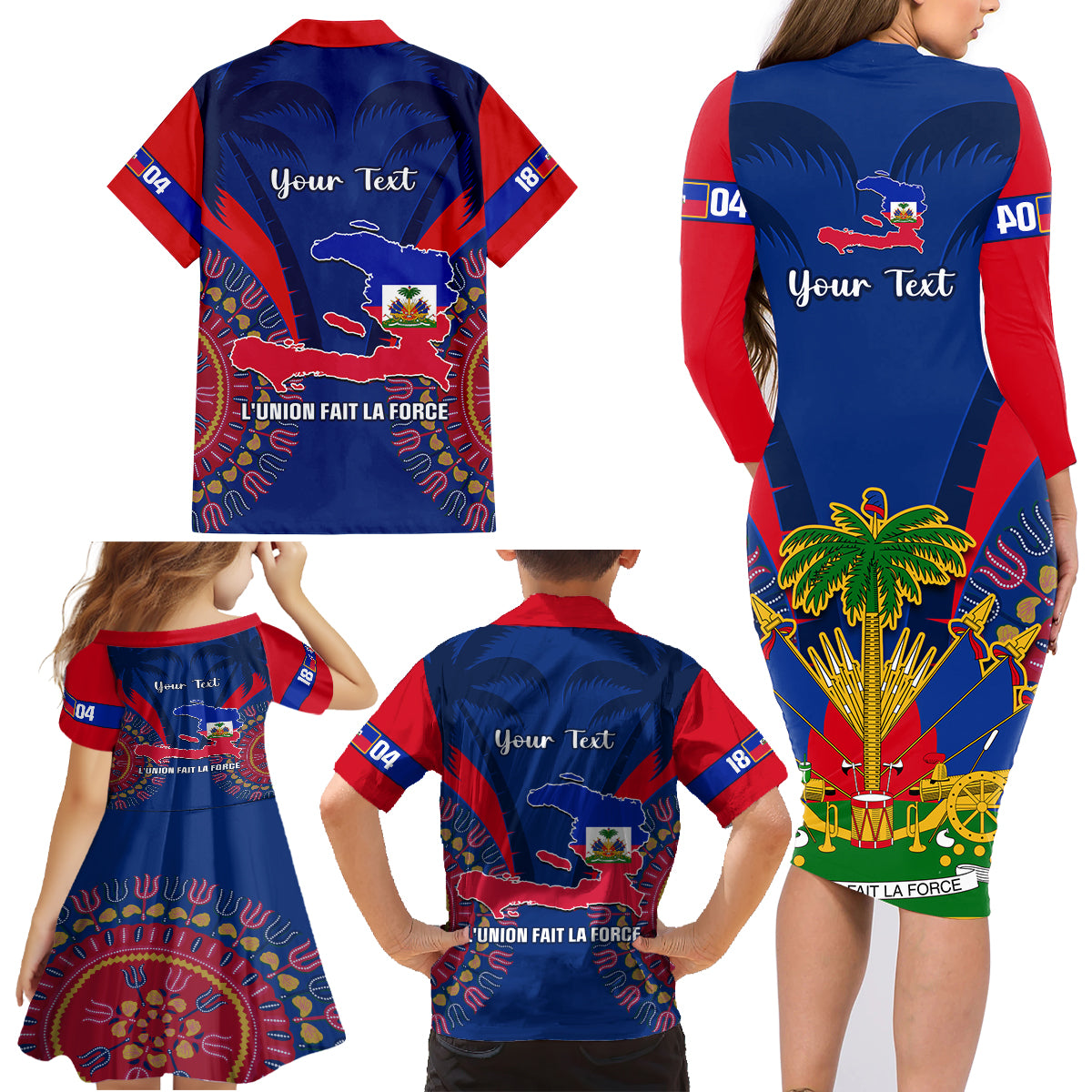 Personalised Haiti Independence Day Family Matching Long Sleeve Bodycon Dress and Hawaiian Shirt Ayiti 220th Anniversary With Dashiki Pattern - Wonder Print Shop