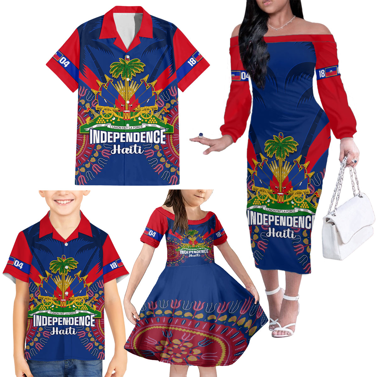 personalised-haiti-independence-day-family-matching-off-shoulder-long-sleeve-dress-and-hawaiian-shirt-ayiti-220th-anniversary-with-dashiki-pattern