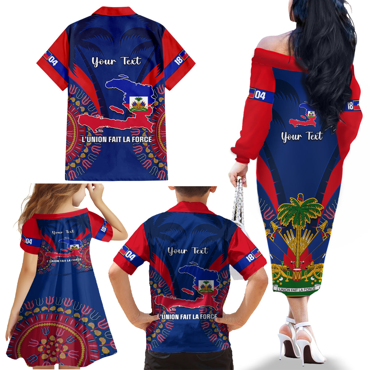 Personalised Haiti Independence Day Family Matching Off Shoulder Long Sleeve Dress and Hawaiian Shirt Ayiti 220th Anniversary With Dashiki Pattern - Wonder Print Shop