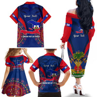 Personalised Haiti Independence Day Family Matching Off Shoulder Long Sleeve Dress and Hawaiian Shirt Ayiti 220th Anniversary With Dashiki Pattern - Wonder Print Shop