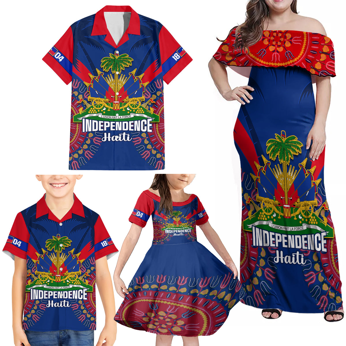 Personalised Haiti Independence Day Family Matching Off Shoulder Maxi Dress and Hawaiian Shirt Ayiti 220th Anniversary With Dashiki Pattern - Wonder Print Shop