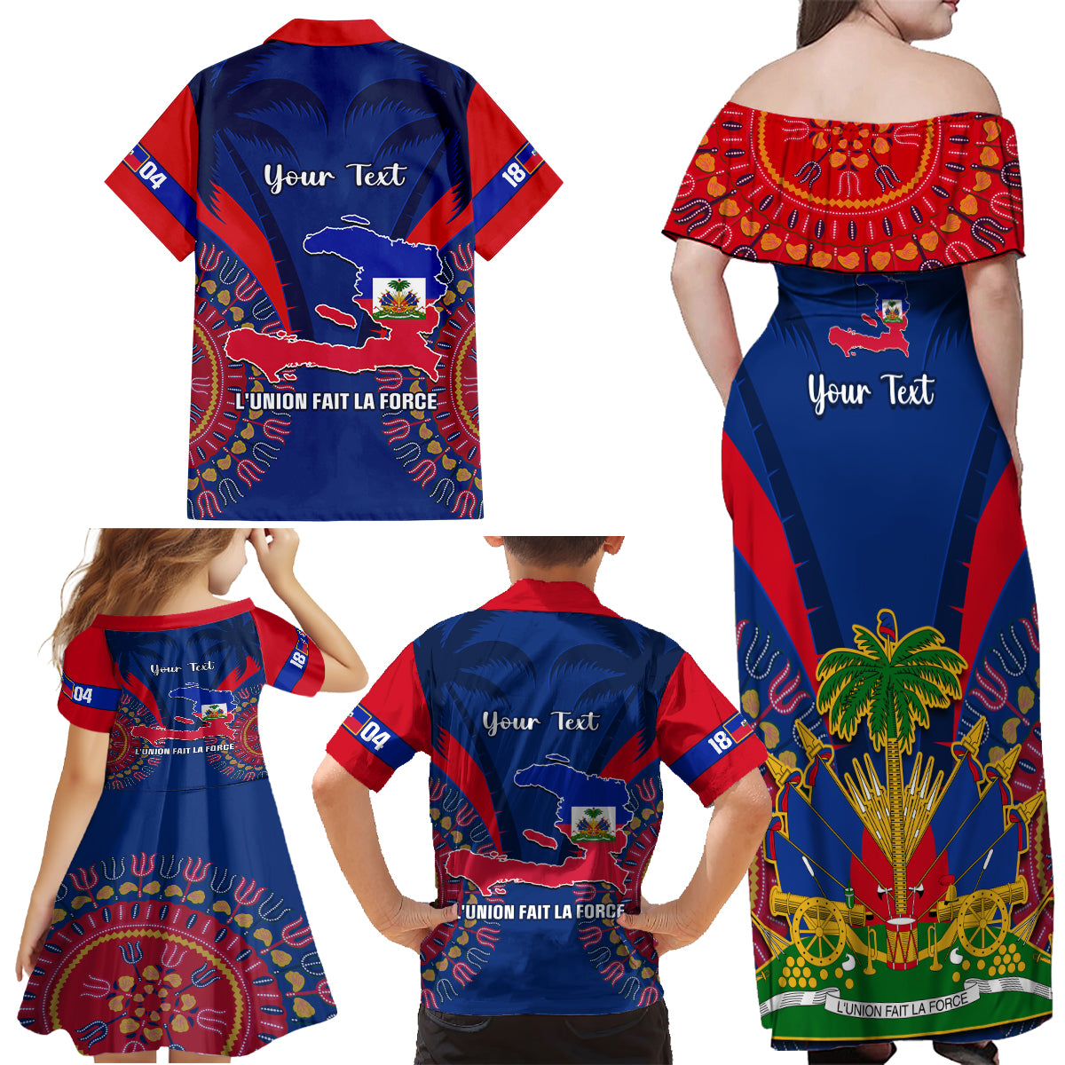 Personalised Haiti Independence Day Family Matching Off Shoulder Maxi Dress and Hawaiian Shirt Ayiti 220th Anniversary With Dashiki Pattern - Wonder Print Shop