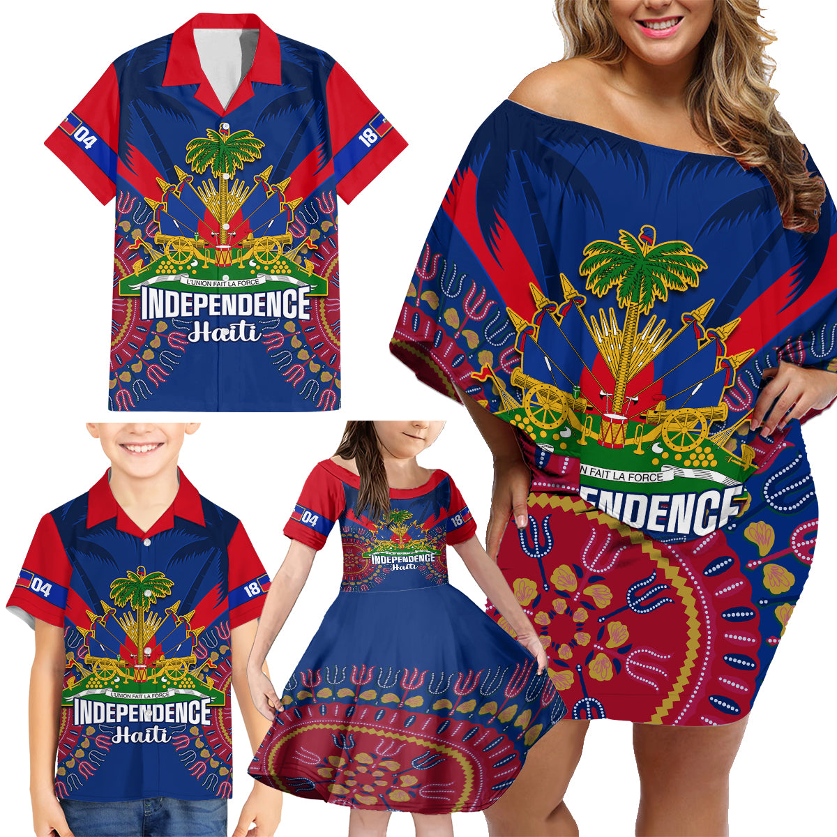 personalised-haiti-independence-day-family-matching-off-shoulder-short-dress-and-hawaiian-shirt-ayiti-220th-anniversary-with-dashiki-pattern