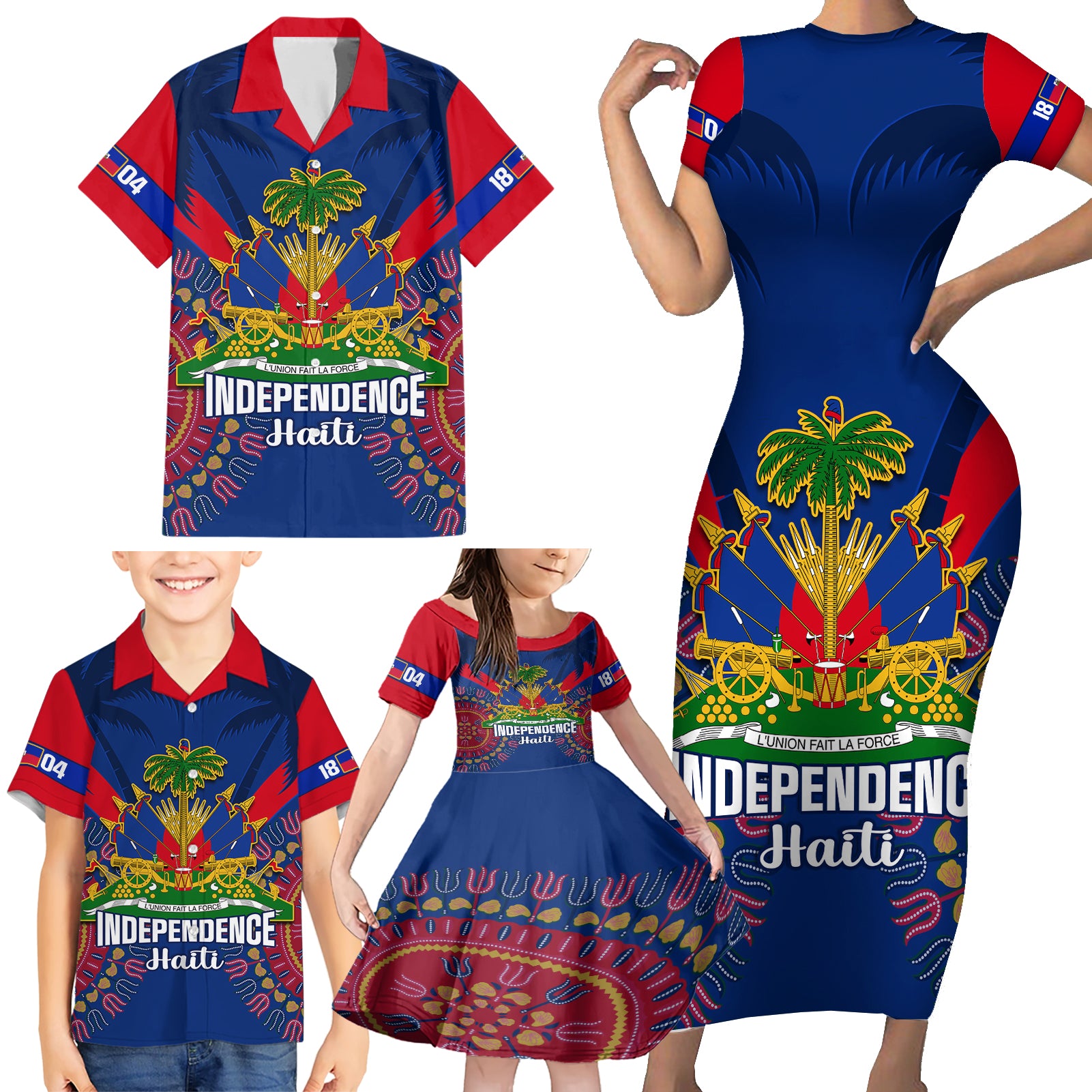 personalised-haiti-independence-day-family-matching-short-sleeve-bodycon-dress-and-hawaiian-shirt-ayiti-220th-anniversary-with-dashiki-pattern