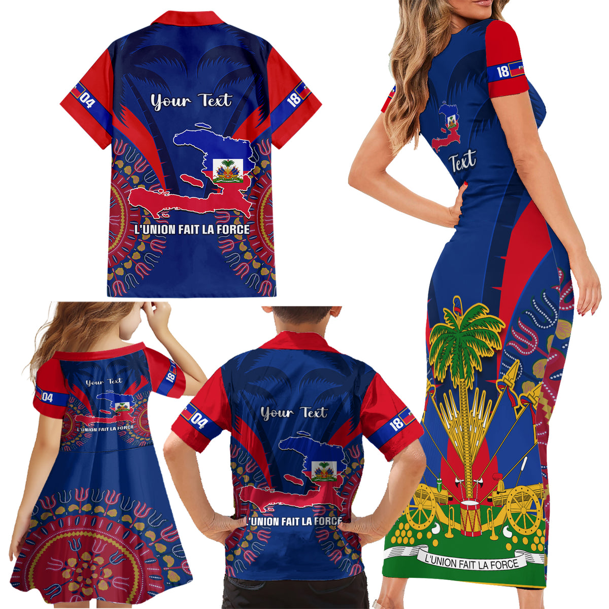 Personalised Haiti Independence Day Family Matching Short Sleeve Bodycon Dress and Hawaiian Shirt Ayiti 220th Anniversary With Dashiki Pattern - Wonder Print Shop