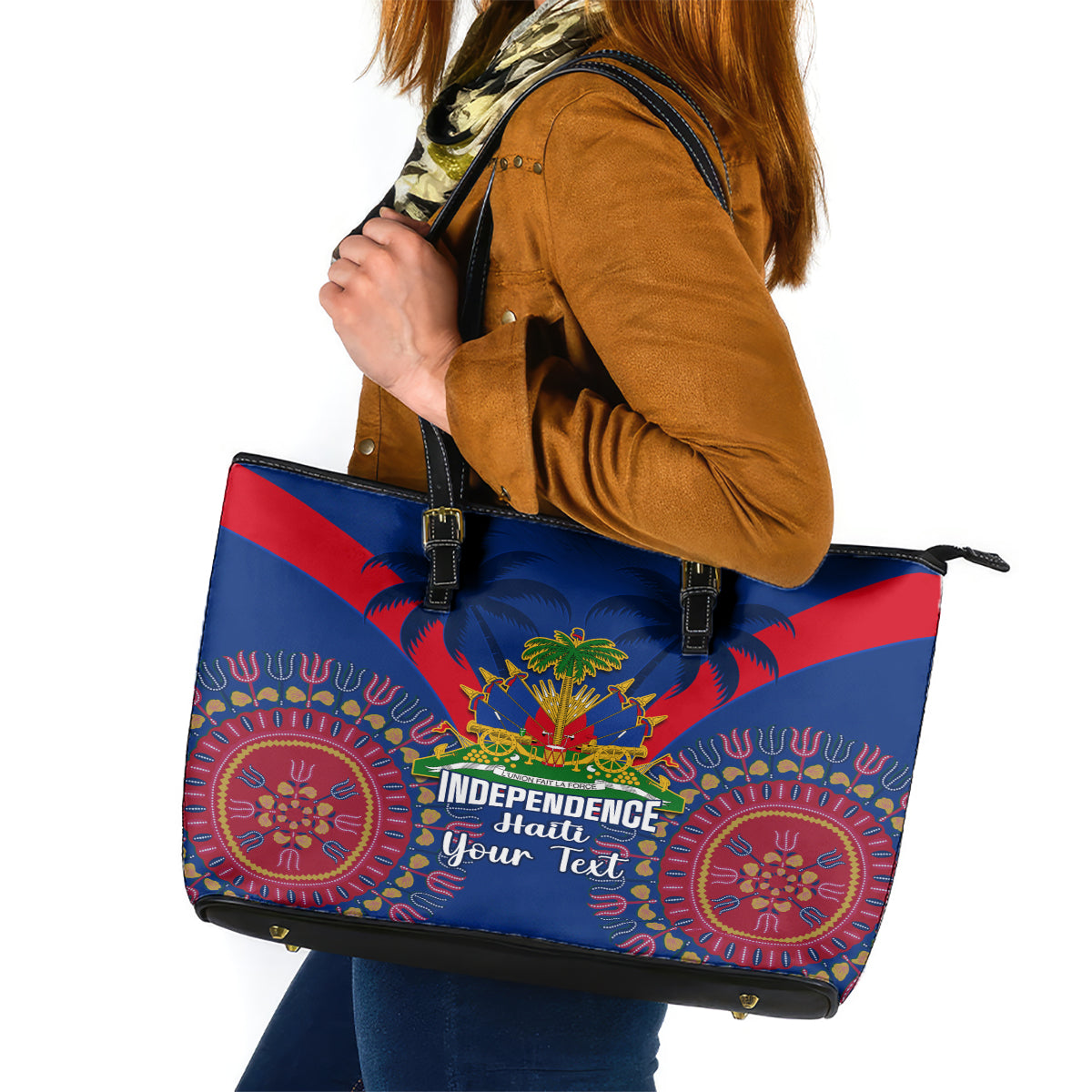 Personalised Haiti Independence Day Leather Tote Bag Ayiti 220th Anniversary With Dashiki Pattern - Wonder Print Shop