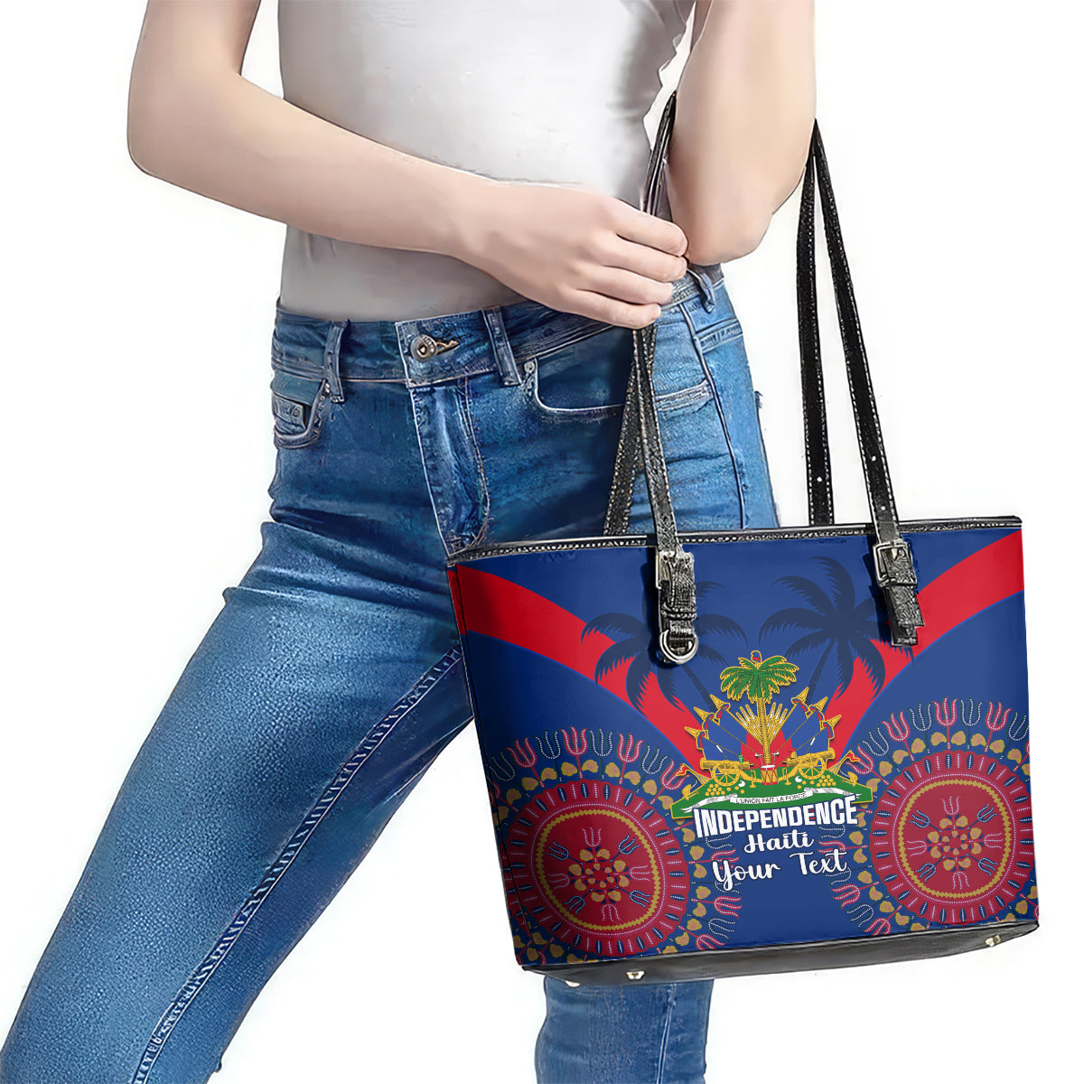 Personalised Haiti Independence Day Leather Tote Bag Ayiti 220th Anniversary With Dashiki Pattern - Wonder Print Shop