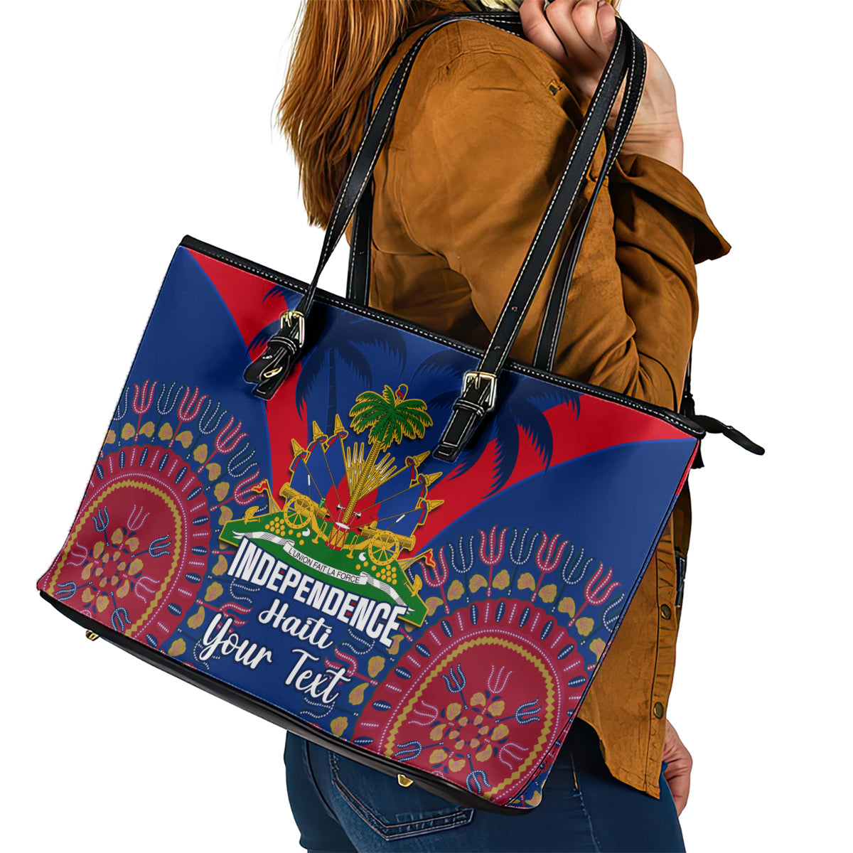 Personalised Haiti Independence Day Leather Tote Bag Ayiti 220th Anniversary With Dashiki Pattern - Wonder Print Shop