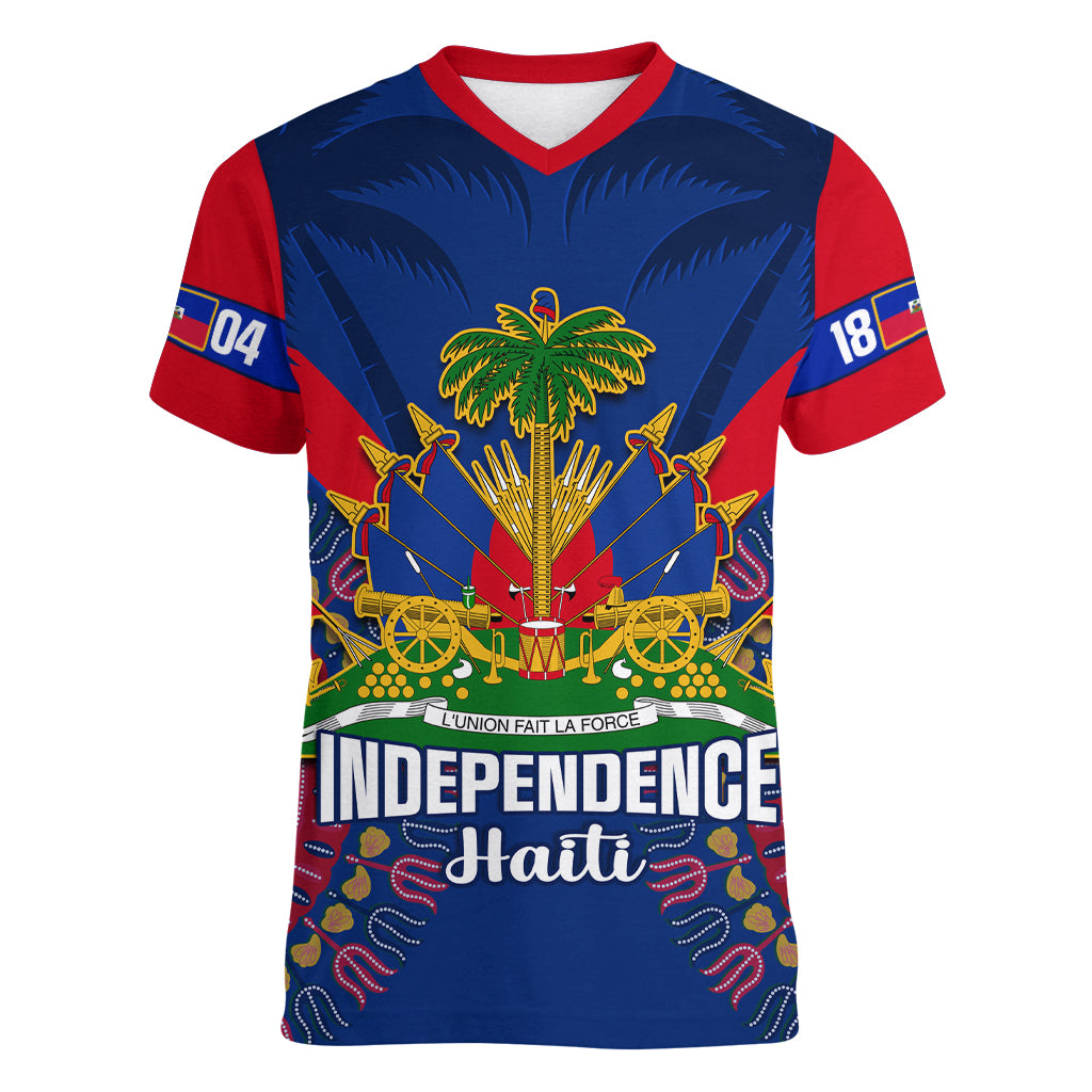 Personalised Haiti Independence Day Women V Neck T Shirt Ayiti 220th Anniversary With Dashiki Pattern - Wonder Print Shop