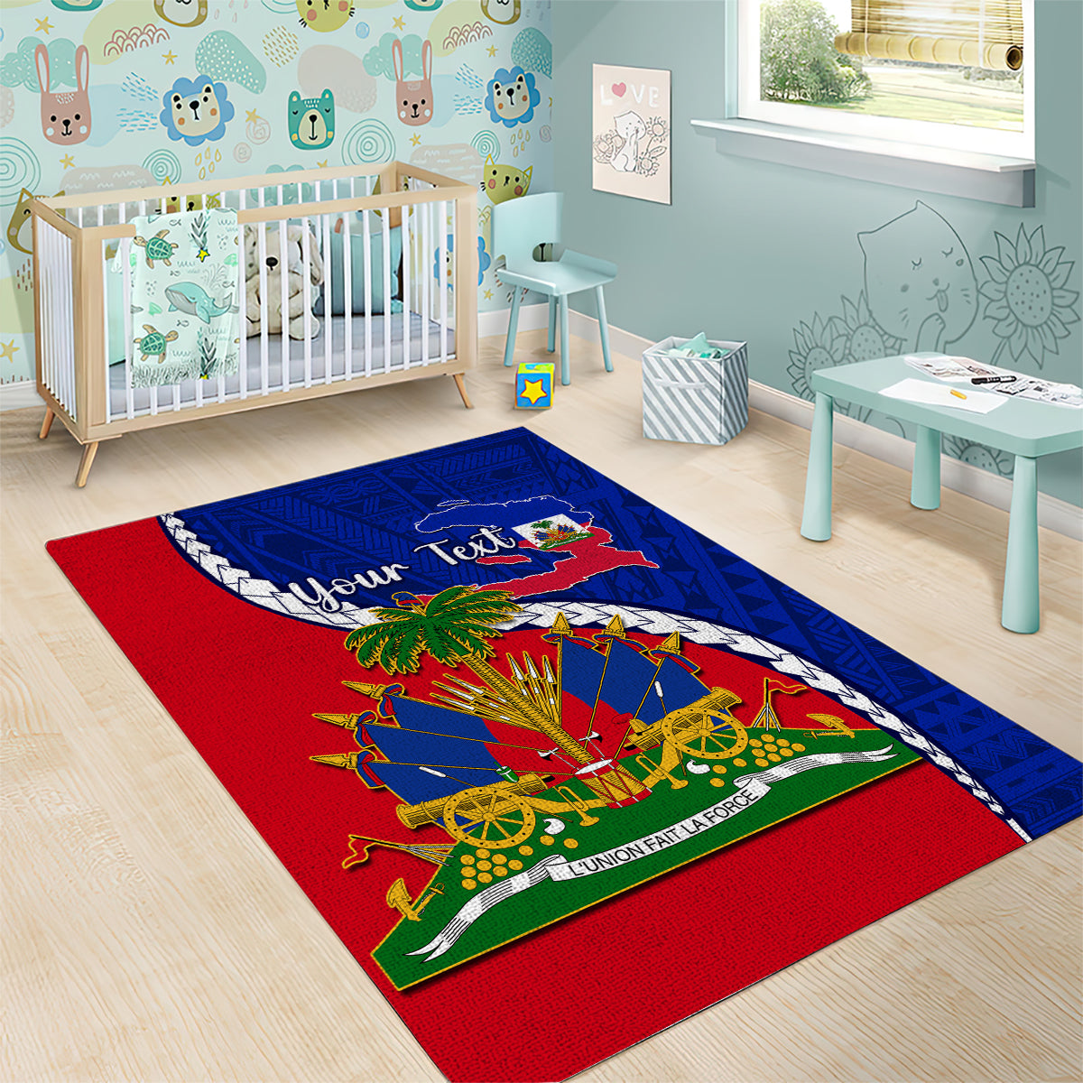 Personalised Haiti Independence Day Area Rug Ayiti National Emblem With Polynesian Pattern - Wonder Print Shop